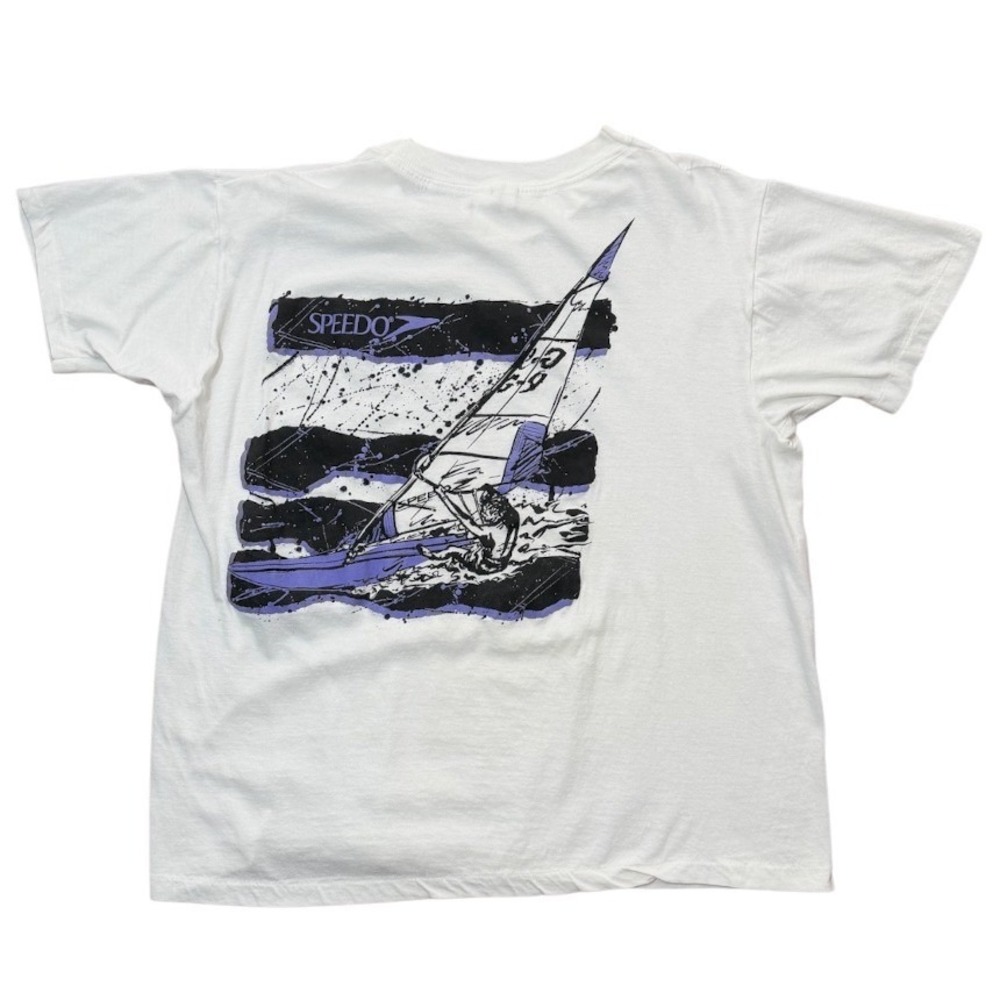 Vintage 90s Speedo Windsurfing Art Beach Surf Ocean Boat Sports Graphic T-Shirt